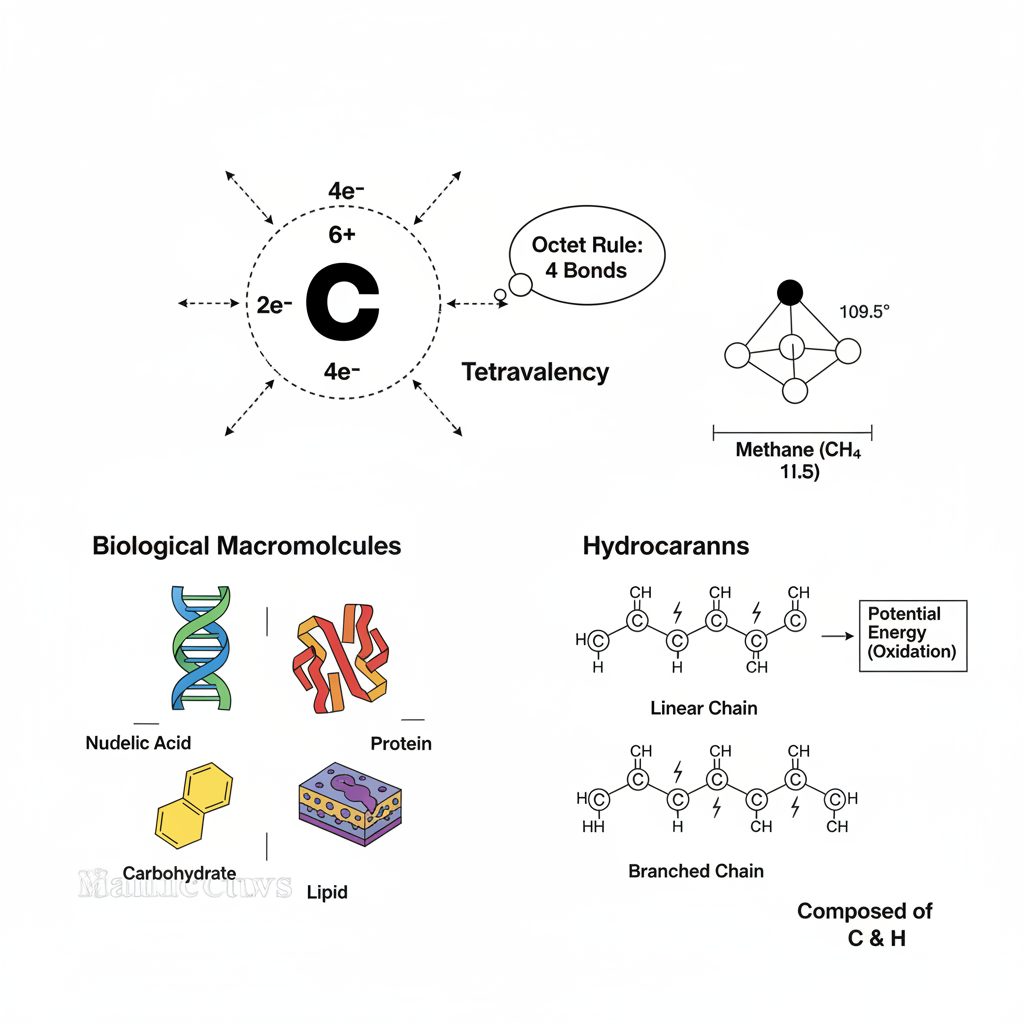 Illustration of carbon bonding and hydrocarbon structures
