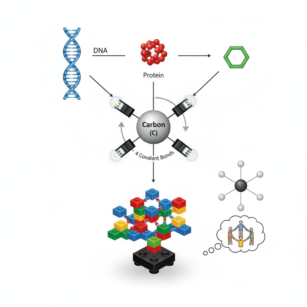 Illustration of carbon atoms forming chains and rings, resembling LEGO bricks building complex structures.