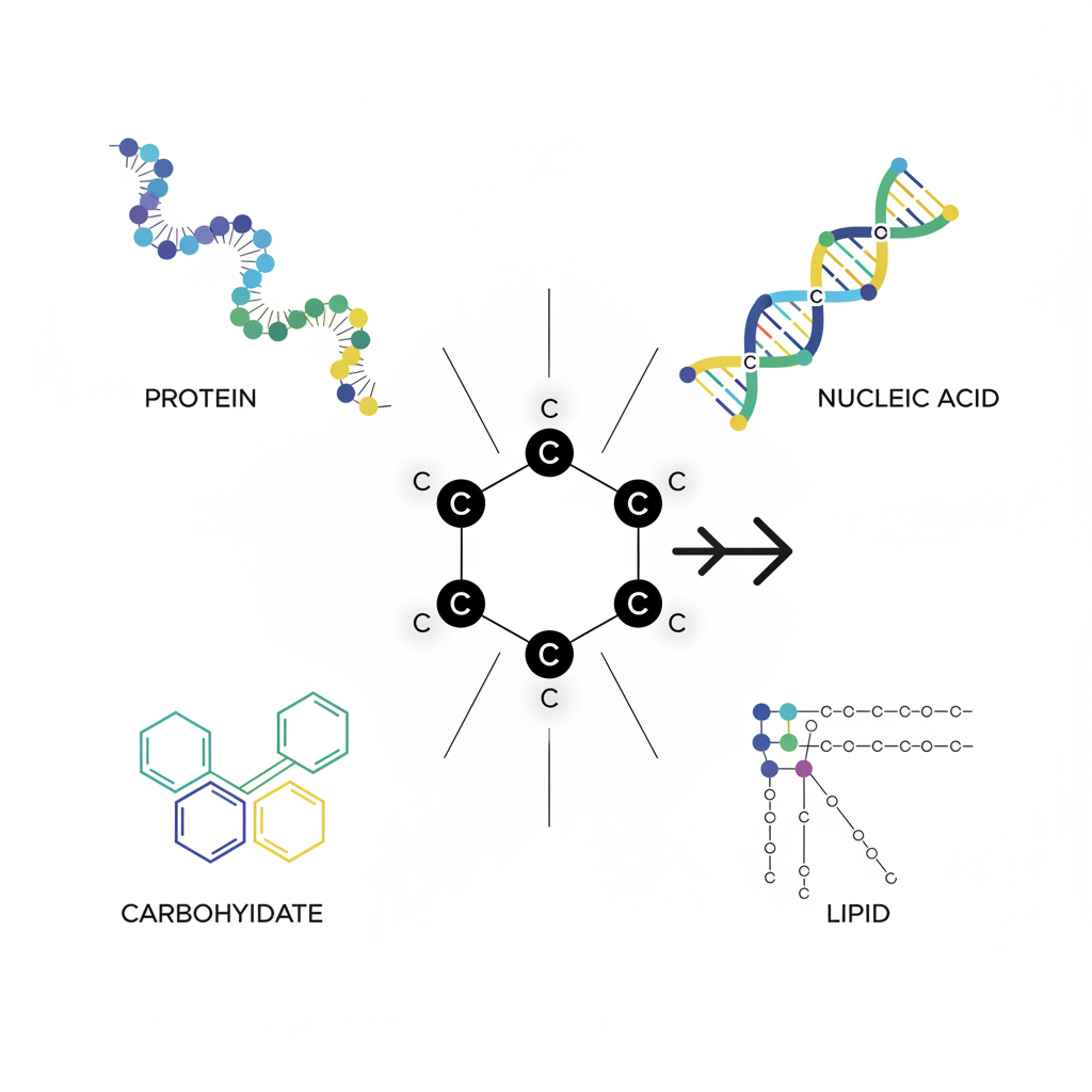 Illustration of carbon atom and macromolecules