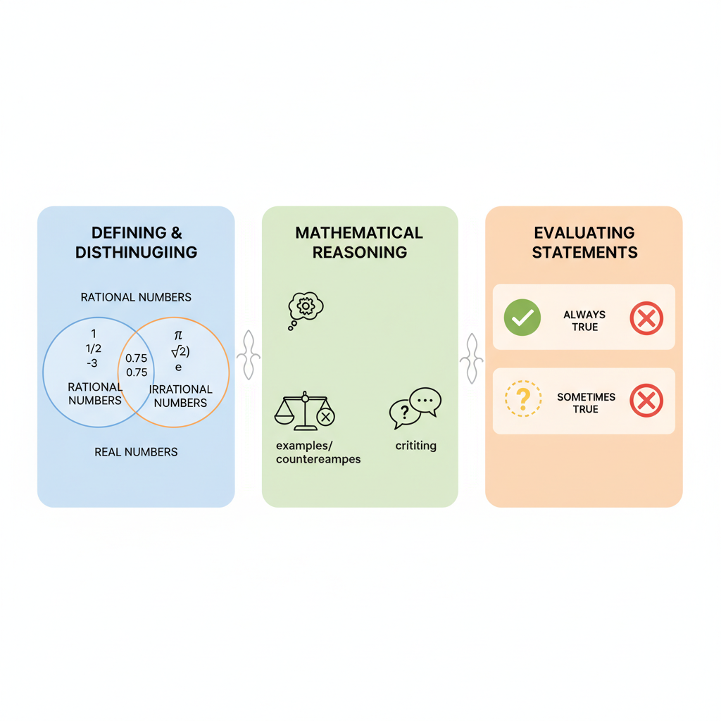An illustration showing a balance scale weighing a rational number (like 1/2) against an irrational number (pi symbol), representing the concept of distinguishing between number types.